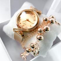 Kit caixa relógio rose Gold fino redondo x strass e pulseira feminina elegante