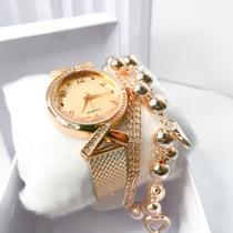 Kit caixa relógio rose Gold fino redondo x strass e pulseira feminino elegante - Filó Modas