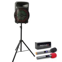 Kit Caixa Som 10h Bateria 700W c/ Tripé de caixa e 2 Microfones sem fio Polyvox