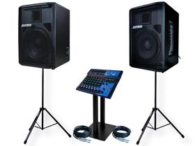 Kit caixa som ativa passiva 12" 500w datrel tripé mesa bt