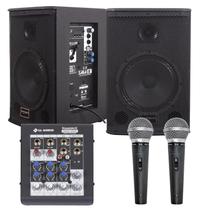 Kit Caixa Som Saga 8 225w Mesa Nanomix 2 Microfones Barzinho Igreja Área Casa Show Lazer Voz