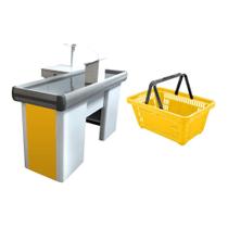 KIT - Caixa Supermercado Empacotador Check-out 1,5m Recorte + 10 Cestos de Compras Amarelo KIT - Caixa Supermercado Empacotador Check-out 1,5m Recorte + 10 Cestos de Compras Amarelo
