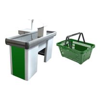 KIT - Caixa Supermercado Empacotador Check-out 1,5m Recorte + 10 Cestos de Compras Verde