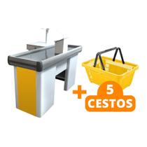 KIT - Caixa Supermercado Empacotador Check-out 1,5m Recorte + 5 Cestos de Compras Amarelo