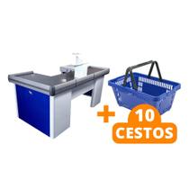 KIT - Caixa Supermercado Empacotador Check-out 2m Recorte + 10 Cestos de Compras Azul - SA GONDOLAS