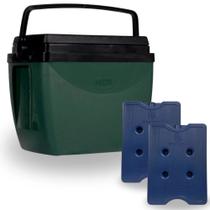 Kit Caixa Termica 18 Litros Verde e Preta + 2 Blocos de Gelo Reutilizaveis 22 Cm X 16 Cm para Camping e Praia