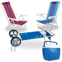 Kit Caixa Termica 18 Lts Azul e Branca Mor + 2 Cadeiras de Praia Reclinavel 8 Posicoes + Carrinho de Praia com Avanco