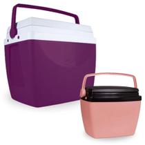 Kit Caixa Termica 34 Litros Cor Acai + Caixa Termica Rosa Pessego 6 Litros Mor com Alca