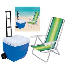 Kit Caixa Termica Azul 42 L Rodas e Alca + Cadeira Reclinavel Aluminio Praia / Pesca Mor