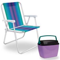 Kit Caixa Termica Lilas / Roxa Cooler Pequeno 6 L / 8 Latas + Cadeira de Praia Aluminio Mor