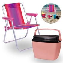 Kit Caixa Termica Pequena Cooler 6 L Rosa Pessego + Cadeira Rosa Infantil Parques Mor