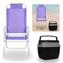 Kit Caixa Termica Preta Cooler 12 L com Alca + Cadeira 4 Posicoes Lilas para Praia
