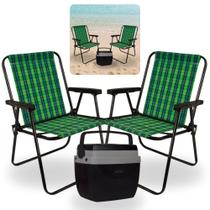 Kit Caixa Termica Preta Cooler 12 L com Alca + Duas Cadeiras de Praia Alta Xadrez Oliva Mor