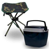 Kit Caixa Termica Preta Cooler 12 Litros + Banqueta Militar Dobravel Camping / Pesca / Praia