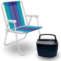 Kit Caixa Termica Preta Cooler Pequeno 6 L / 8 Latas + Cadeira de Praia Aluminio Mor