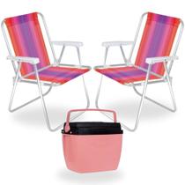 Kit Caixa Termica Rosa Pessego Cooler 12 L + 2 Cadeiras de Praia Coloridas Aluminio Mor
