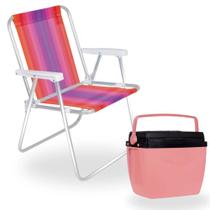 Kit Caixa Termica Rosa Pessego Cooler 12 L + Cadeira de Praia Colorida Aluminio Mor