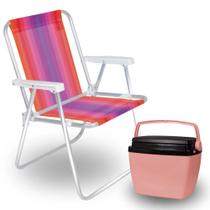 Kit Caixa Termica Rosa Pessego Cooler 6 L / 8 Latas + Cadeira de Praia Aluminio Mor