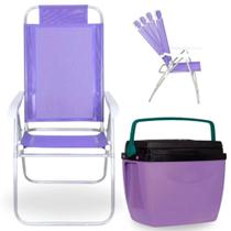 Kit Caixa Termica Roxa Cooler 26 L + Cadeira de Praia Lilas Prosa 4 Posicoes