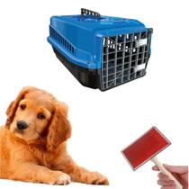 Kit Caixa Transporte Forte Azul Pet N3 + Escova Remove Pelos