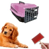 Kit Caixa Transporte Rosa N4 + Escova Tira Pelo Chalesco Pet