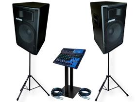 Kit caixas de som 15" 600w datrel profissional tripés e mesa