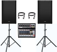 Kit Caixas Som Ativas 15 pol. Ksr K1 + Mesa 06 canais + Tripes + Cabos 5m