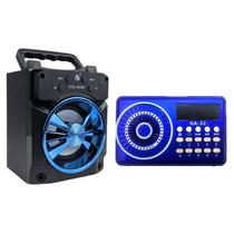 Kit Caixinha de Som Portátil Bluetooth 5w Sem Fio e Radinho Azul Pequeno Bateria Removivel Com Usb Micro Sd Aux Fm