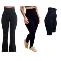 Kit Calça Bailarina + Legging + Bermuda Cós Alto Modelador Alta Compressão Suplex Poliamida - PRETO