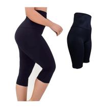 Kit Calça Corsário + Bermuda Cós Alto Modelador Alta Compressão Suplex Poliamida - PRETO
