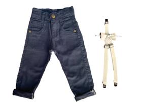 Kit Calça De Sarja + Suspensório Gravata Masculina Infantil