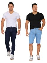 Kit calça e bermuda masculina escura e clara slim com laycra