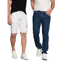 Kit Calça Jeans E Bermuda Masculina Slim Skinny Confortável Com Lycra Tecido Premium