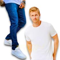 Kit Calça Jeans Skinny + Camiseta Algodão Masculina Manga Curta 464