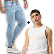 Kit Calça Jeans Skinny + Camiseta Regata Algodão Masculina Casual 462