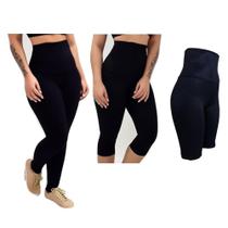 Kit Calça Legging + Corsário + Bermuda Cós Alto Modelador Suplex Poliamida - PRETO