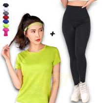 Kit Calça Legging Cós Alto + Camiseta Academia Corrida Fitness Dry PLT 385 Kit Calça Legging Cós Alto + Camiseta Academia Corrida Fitness Dry PLT 385