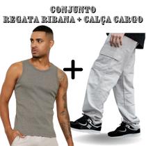 Kit Calça Masculina Cargo Larga + Regata Masculina Canelada Ribana Estilo Americana