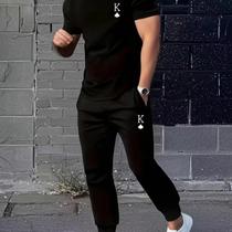 Kit Calça Moletom Camiseta Rei de Copas Baralho Conjunto Masculino Preto Estilo Streetwear Urbano