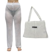 Kit Calça Pantalona Tricot Feminina com Bolsa Sacola de Praia Crochê