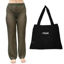 Kit Calça Pantalona Tricot Feminina com Bolsa Sacola de Praia Crochê