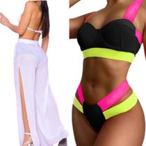 Kit Calça Tule + Biquini Neon Tiras Grossa Modelo Gringa