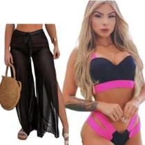 Kit Calça Tule + Biquini Neon Tiras Grossa Modelo Gringa