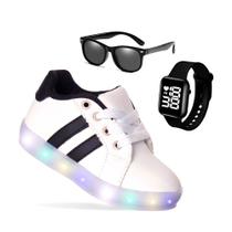Kit Calçado Infantil com Luz de Led Branco Menino mais Relógio e Óculos