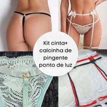 Kit calcinha pingo de luz e cinta liga com lacinho lingerie