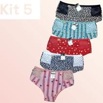 Kit Calçola Conforto Estampa Lateral Rendada Romantic Calcinhas Femininas Lingerie Feminina Kit 5