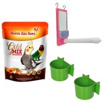 Kit Calopsita Gold Mix 500g - Reino da Aves + Comedouro com Aba e Gancho + Brinquedo Espelho C/ Pedra de Cálcio