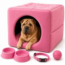 Kit Cama 3em1 Suede Pet Grande com Comedouro Coleira Bolinha Fofos Kit Cama 3em1 Suede Pet Grande com Comedouro Coleira Bolinha Fofos