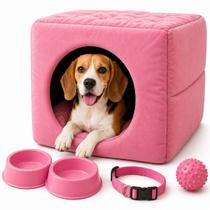 Kit Cama 3em1 Suede Pet Médio com Comedouro Coleira Bolinha Fofos Kit Cama 3em1 Suede Pet Médio com Comedouro Coleira Bolinha Fofos