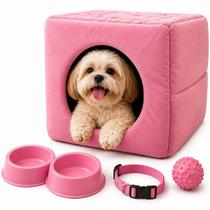Kit Cama 3em1 Suede Pet Pequeno com Comedouro Coleira Bolinha Fofos Kit Cama 3em1 Suede Pet Pequeno com Comedouro Coleira Bolinha Fofos
